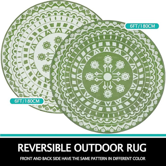 Capslpad 6Ft Round Outdoor Rug for Patios Clearance Reversible Mat Plastic Straw Patio Rugs Lightweight RV Camping Mat Circle Outside Area Rug Carpet for Balcony Deck Trailer Picnic BBQ,Green