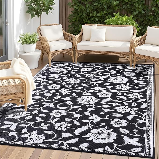 OLANLY Waterproof Outdoor Rug 9x12 ft, Outdoor Plastic Straw Rug with Flower Pattern, Reversible RV Mat for Patio, Camping, Balcony, Deck, Backyard, Black & White