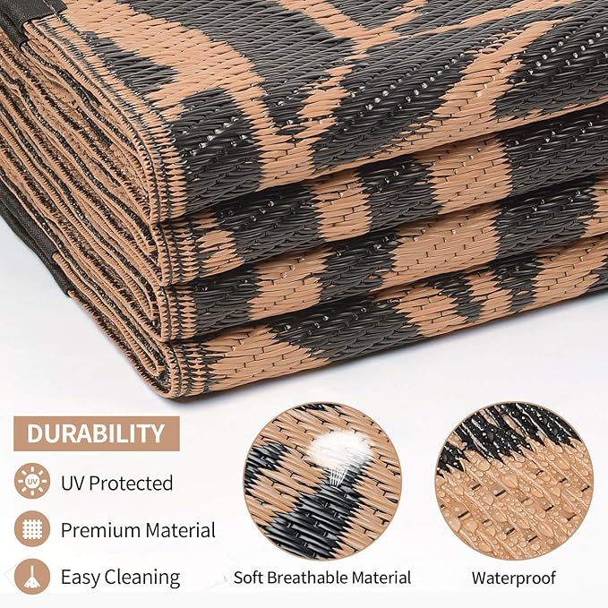 Outdoor Rugs Patio Camping Waterproof - Plastic Straw Patio Rug Portable for Campers, Outside RVs Mat, Outdoor Area Carpet for Patios Clearance, Backyard Porch, Deck, Balcony, Picnic, Black Brown