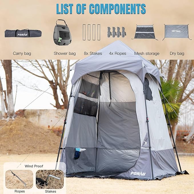 Portable Camping Shower Tent Deluxe Changing Room with Shower Bag Easy Set Up Privacy Shelter,Large Toilet Tent with Floor Drain Design for Beach,Camping,Hiking with Stakes and Ropes for Stability