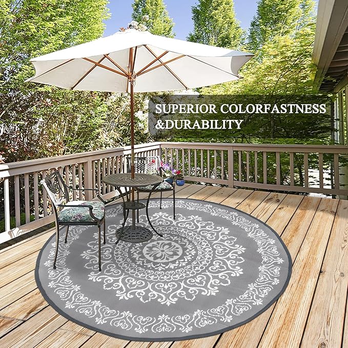 Pauwer Waterproof Outdoor Rug 6ft, Reversible Plastic Straw Patio Camping Rug, Indoor Outdoor RV Mat Carpet for Deck, Camper, Porch, Balcony, Backyard, Picnic, Floral Grey
