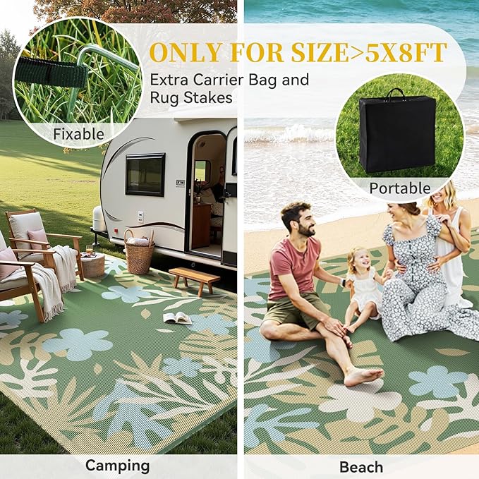MontVoo Outdoor Rug Waterproof 8x10 ft RV Outdoor Rug for Camping Picnic Mat Outdoor Patio Rug Carpet Plastic Straw Reversible Floral Green Yellow