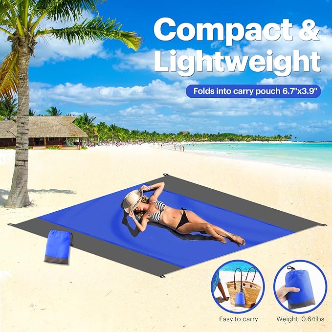 EASYFUN Beach Blanket Sandproof Oversized, 79''×83'' Extra Large Beach Mat, Portable Picnic Mat for Travel Camping Hiking, Lightweight Beach Essentials Family Water Resistant Mat Nylon 210T