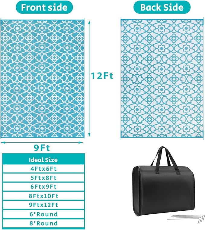 HEBE Outdoor Rug 9'x12' for Patios Waterproof Clearance Reversible Patio Mat Plastic Straw Rug RV Camping Mat Outside Area Rug Carpet for Camping RV,Porch,Deck,Balcony,Camper,Backyard