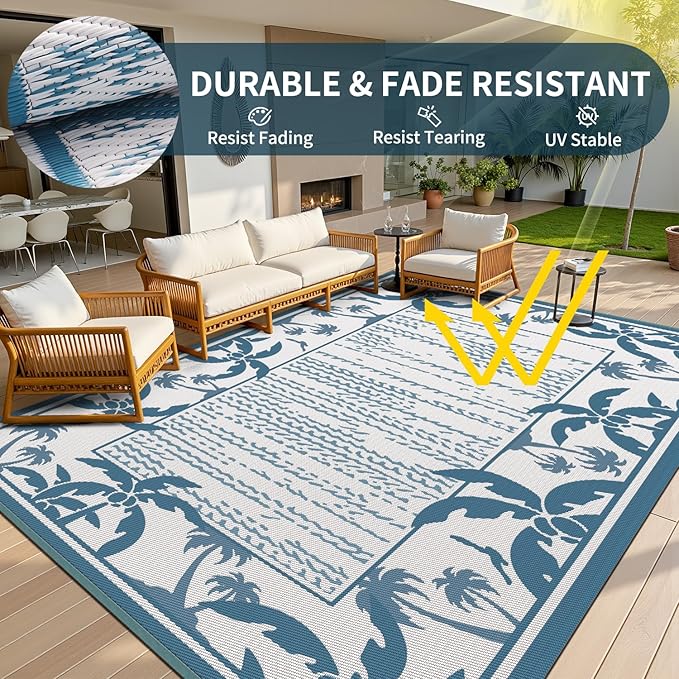 COCOER Outdoor-Rug 6x9 ft Waterproof Reversible Outdoor Plastic Straw Rug RV Indoor Outdoor Carpet Quick Dry Patio Rug Camping Mat for Balcony Backyard Picnic Beach-Blue&White