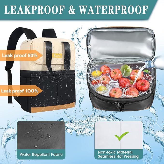 Backpack Cooler with Double Decker & 12 Ice Packs- Keeps 36 Cans Cold for Up to 24 Hours- Waterproof & Leak Proof Insulated Cooler Backpack- Stylish Cooler Bookbag for Women Travel Work Beach