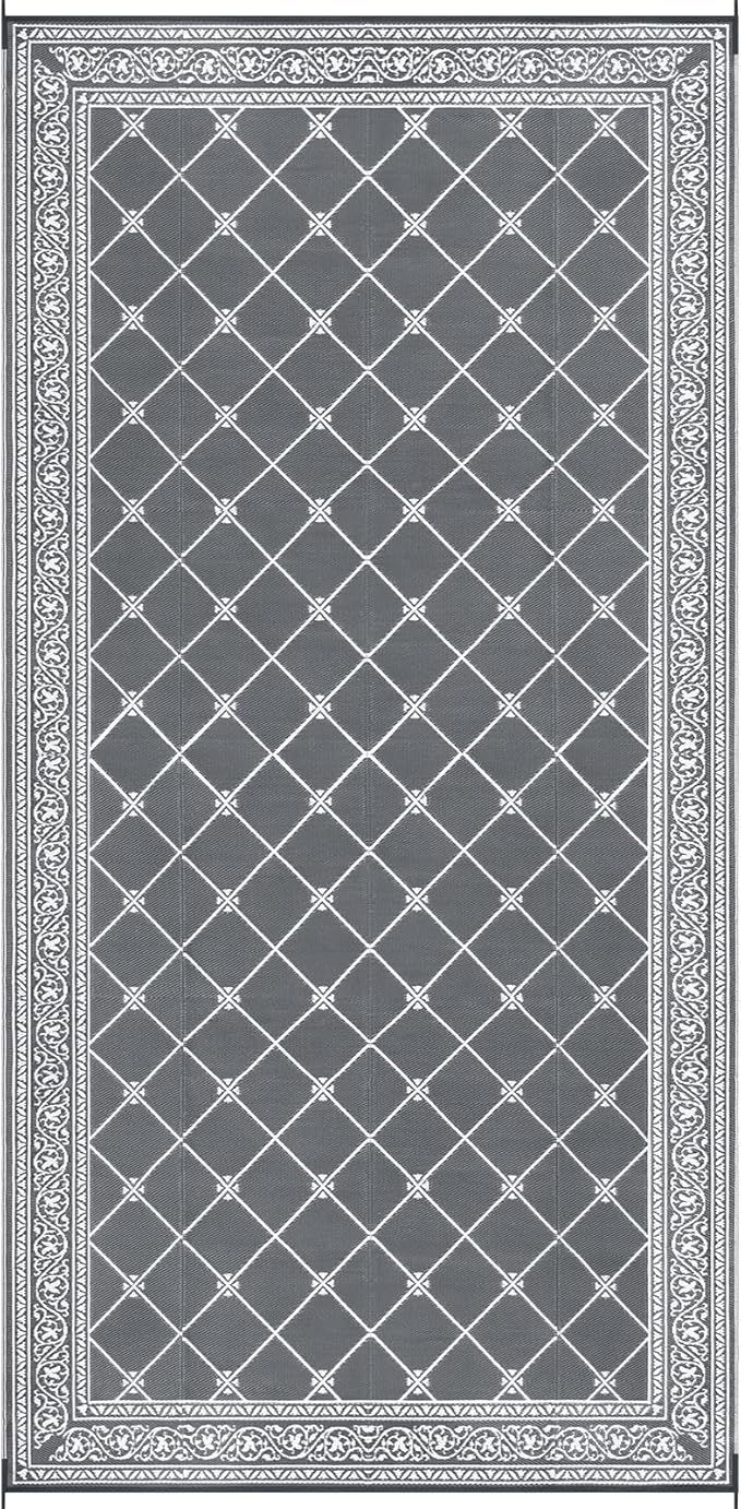 HiiARug Outdoor Rug 9'x18' for Patios Clearance, Reversible Outdoor Plastic Straw Waterproof Camping Carpet, Large Area Rugs Patio Mats for Outside RV, Camper, Deck, Porch, Beach, Picnic, Grey&White