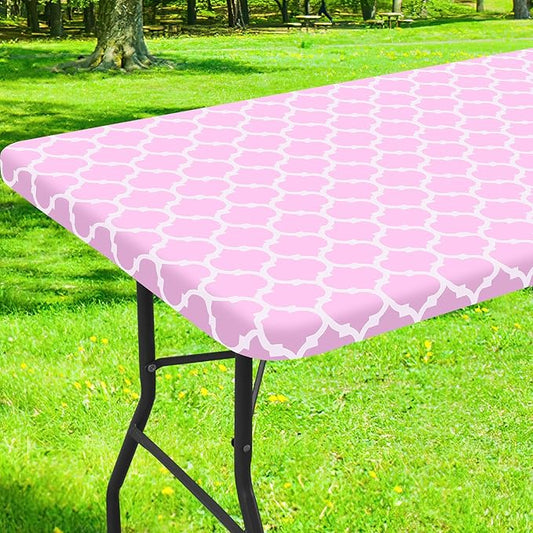 Smiry Rectangle Picnic Table Cover, Waterproof Elastic Fitted Camping Tablecloths for 5 Foot Tables, Wipeable Flannel Backed Vinyl Tablecloth Protector for Indoor, Outdoor (Pink, 30x60 Inches)