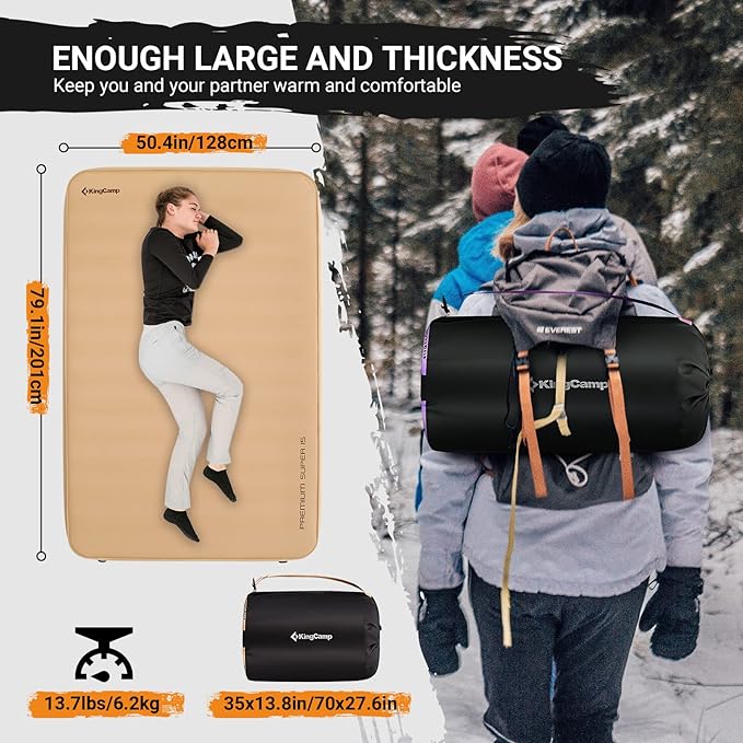 KingCamp Luxury 3D Insulated Double Self Inflating Camping Sleeping Pad, Portable Large Thick Self Inflatable Foam Air Mattress