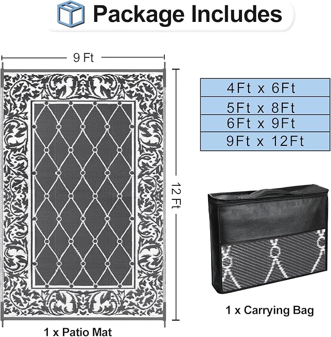 OutdoorLines Indoor Outdoor Rugs for Patio 9x12 ft - Reversible Outside Carpet, Stain & UV Resistant Portable RV Mats, Plastic Straw Rug for Camping, Pool Deck, Porch Rhombus Gray & White