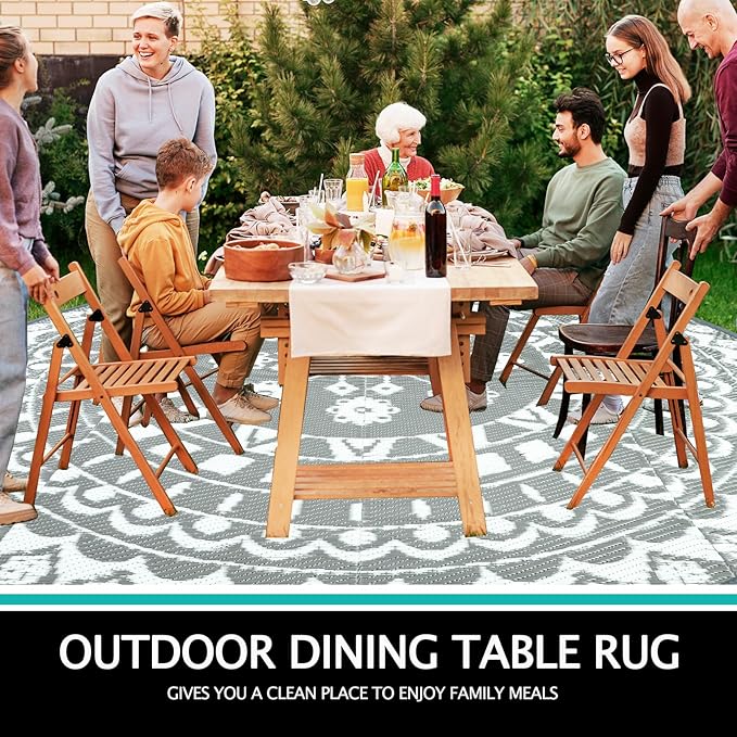 Capslpad 10Ft Round Outdoor Rug for Patios Clearance Reversible Mat Plastic Straw Patio Rugs Lightweight RV Camping Mat Circle Outside Area Rug Carpet for Balcony Deck Trailer Picnic BBQ, Grey