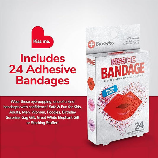 BioSwiss Bandages, Lips Shaped Self Adhesive Bandage, Latex Free Sterile Wound Care, Fun First Aid Kit Supplies for Kids, 24 Count