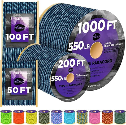 TECEUM Heavy Duty Rope 1000 – 1000ft / 200ft / 100ft / 50ft – 40+ Colors – Utility Rope for Survival & Camping Gear – Nylon String, Camping Rope, para Cord, Utility Nylon Rope, Tent Cord