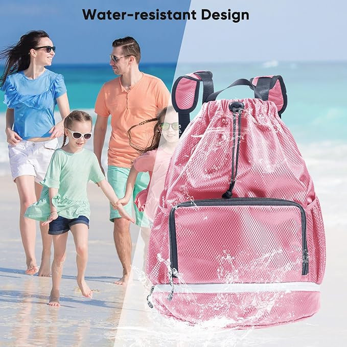 Beach Swim Bag Sports Drawstring Backpack - Gym Bag with Shoes Compartment and Waterproof Pocket for Accessories, Swim Essentials - Workout Bag