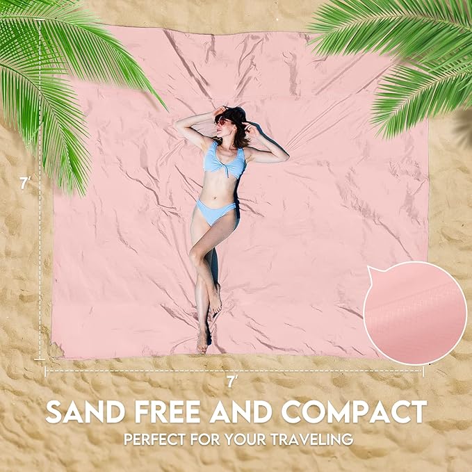 BYDOLL Nylon Beach Blanket Waterproof Sandproof Oversized 7'x7' Suits 1-5 Adults Sand Free Extra Large Blanket Lightweight Soft Picnic Mat for Beach Travel Camping