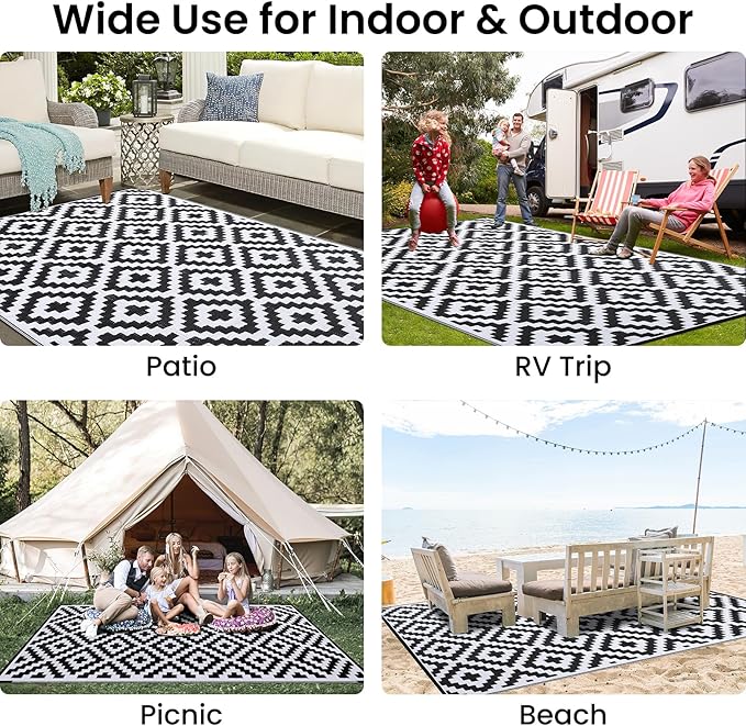 Smiry Waterproof Outdoor Rug 8x10 ft, Reversible Plastic Straw Patio Camping Rugs, Outdoor Indoor RV Mat Carpet for Patio, Outside Entry, Backyard, Deck, Bench, Picnic, Camper, Black & White