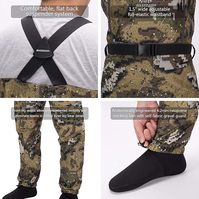 BASSDASH Breathable Ultra Lightweight Veil Camo Chest Stocking Foot Fishing Hunting Waders for Men