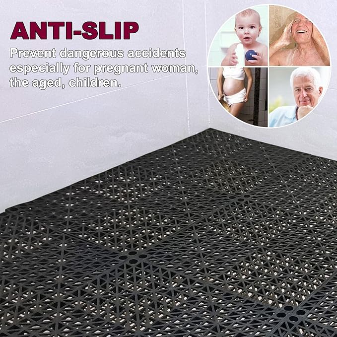 FengWu 12 Pack 12'' x Interlocking Rubber Bathroom Flooring Tiles Non-Slip Splicing Waterproof Mat Modular Cushion for Drain, Deck, Pool, Patio, Balcony, Shower, Kitchen, Yard (Black)