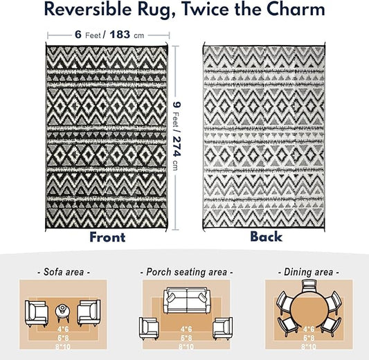 Waterproof Outdoor Rug 6x9 ft, Reversible Plastic Straw Rug, Easy to Clean Patio Rug, Portable Carpet for Patio, RV, Deck, Balcony, Backyard, Picnic, Beach, Geometric Diamond, Gray