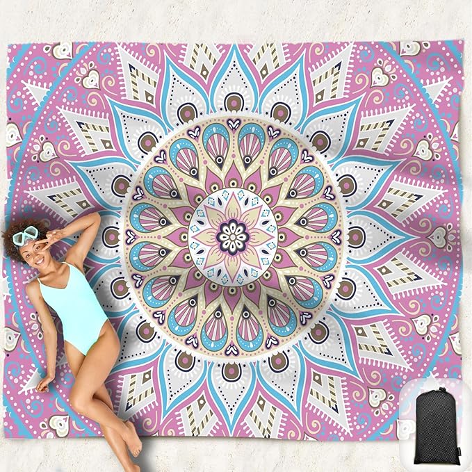 Beach Blanket Waterproof Sandproof Oversized 95”x 80”,Sand Free Beach Mat with Corner Pockets,Portable Mesh Bag for Beach Festival,Picnic,Travel and Outdoor Camping (Rosepink Blue)