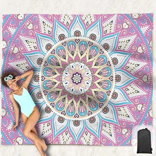 Beach Blanket Waterproof Sandproof Oversized 95”x 80”,Sand Free Beach Mat with Corner Pockets,Portable Mesh Bag for Beach Festival,Picnic,Travel and Outdoor Camping (Rosepink Blue)