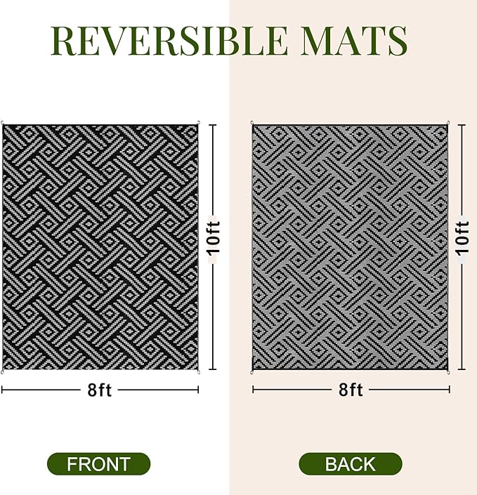 OPPODREAM Outdoor Rug 8x10 Patio Waterproof, Large Outdoor Plastic Straw Rug, Reversible Out Door Carpet for Camping, Deck, Rv, 8 x 10 Area Carpet for Balcony, Porch, Backyard, Black and Grey