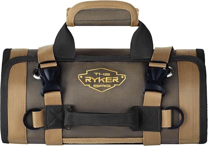 The Ryker Roll Up Tool Bag Organizer Gifts for Dad. Heavy Duty Motorcycle Tool Roll Bag Organizer. Portable Rollup Toolbag w/Detachable Pouches - Tools Bags Mens gifts for him/Mechanic (Khaki+Black)