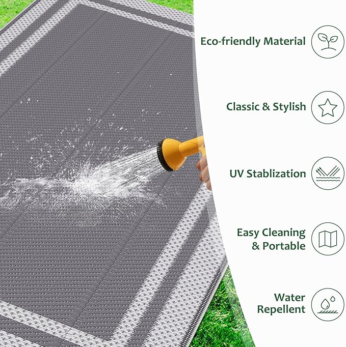 HappyTrends,Outdoor Rug,Patio Rug,Reversible Portable Outdoor Plastic Straw Rug,Camping Rugs for Outside RV,Large Waterproof Area Rugs for Patio,Deck,Picnic,Porch,Balcony(4'x 6',White&Gray)