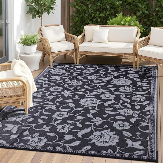 OLANLY Waterproof Outdoor Rug 6x9 ft, Outdoor Plastic Straw Rug with Flower Pattern, Reversible RV Mat for Patio, Camping, Balcony, Deck, Backyard, Black & Grey