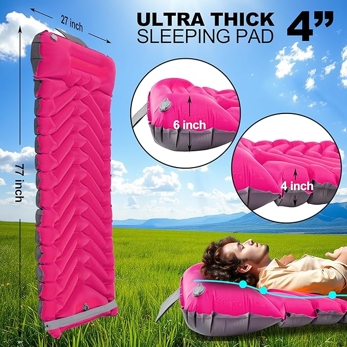 Sleeping Pad with Pillow, Self Inflating Extra-Thick, Ultralight Sleeping Mat, Built-in Pump, Ultimate for Camping, Hiking, Traveling, Airpad, Carry Bag, Compact & Lightweight Air Mattress (Purple)