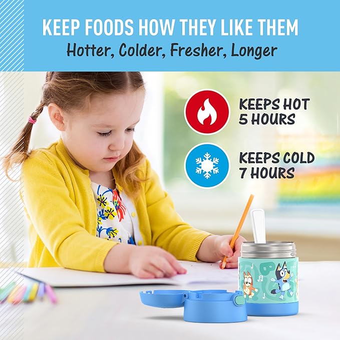 THERMOS FUNTAINER Insulated Food Jar, 10 Ounce, Kid Friendly Food Jar with Foldable Spoon, Bluey