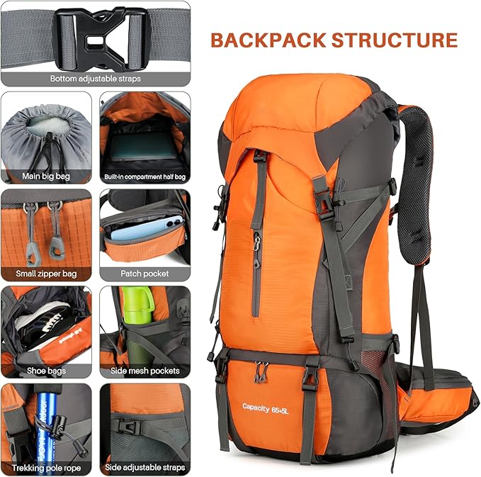 ShowyLive 70L Hiking Backpack - Lightweight Waterproof Travel Backpack for Men & Women, Large Camping Bag with Rain Cover & Adjustable Straps (Orange)