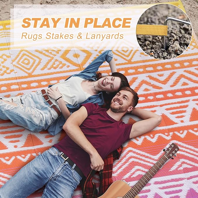 Lahome Outdoor Rug Waterproof, 6x9 Reversible Outdoor Plastic Straw Rug for Camping, RV Patio Rugs Large Carpet for Porch Deck Backyard Balcony Picnic(Orange/Purple,6'x 9')