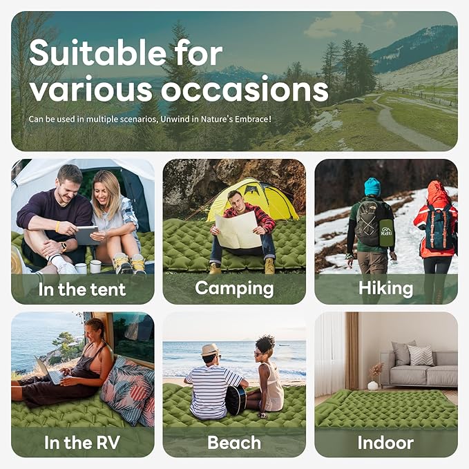 Double Inflatable Sleeping Pad for 2 Person - Ultralight Air Mattress with Built-in Foot Pump, Durable Waterproof Camping Pad for Couples, Backpacking, Hiking (Green)