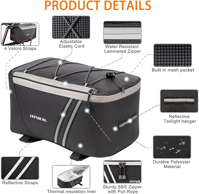 JXFUKAL Rear Bike Rack Bag with Rain Cover, 7L/9L/10L/12L Waterproof Bicycle Ebike Saddle Bag Cycling Pannier Trunk Carrier with Reflector & Adjustable Cord for Commuter Travel Outdoor