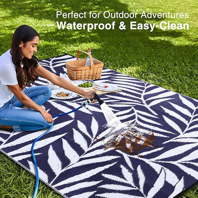 OLANLY Waterproof Outdoor Rug 6x9 ft, Reversible Outdoor Plastic Straw Rug with Leaf Pattern, RV Mat, Indoor Outdoor Carpet for Patio, Camping, Balcony, Deck, Backyard, Navy & White