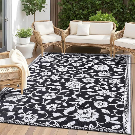 OLANLY Waterproof Outdoor Rug 5x8 ft, Outdoor Plastic Straw Rug with Flower Pattern, Reversible RV Mat for Patio, Camping, Balcony, Deck, Backyard, Black & White