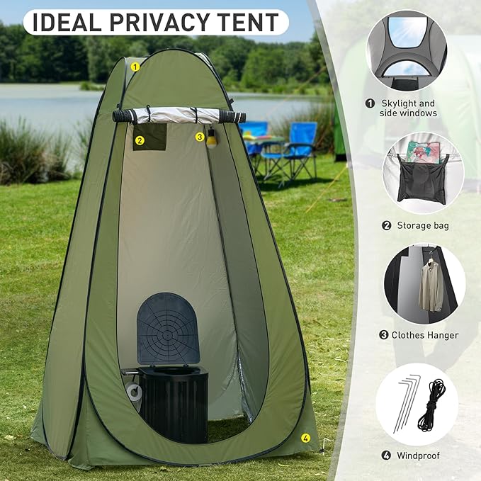 Portable Camping Toilet with Pop-Up Privacy Tent, 12-inch Toilet Seat, Outdoor Portable Folding Toilet Potty for Adults Load Capacity of 400 Lbs, LED-Light Camping Bathroom