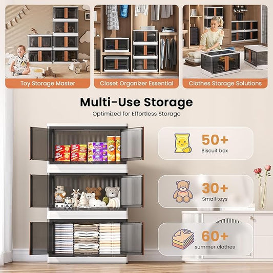 19Gal Collapsible Storage Bins with Lids & Wheels - 2 Pack Stackable with Doors, Heavy-Duty Plastic Containers for Home/Office, White