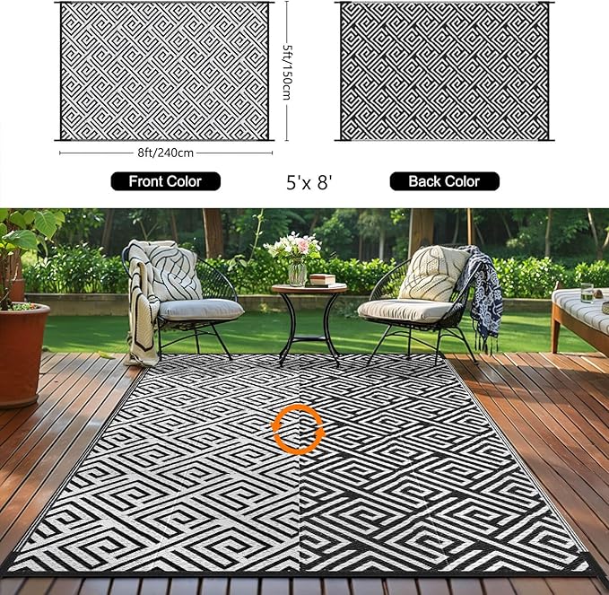 Outdoor Patio Plastic Straw Rug - 5'x8' Outdoor Camping Rug Waterproof Reversible, Area Carpet Patios Clearance RV, Outside Porch Balcony Deck for Camper, Stripe Black & White