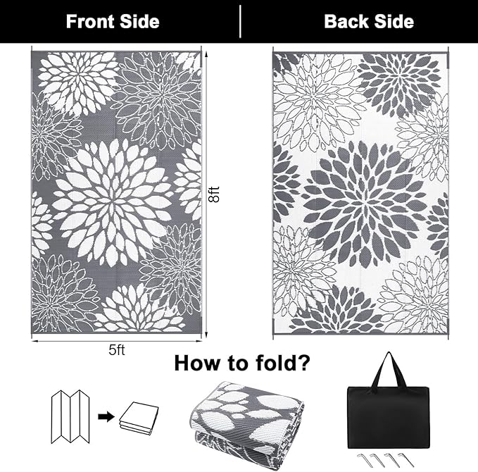 Ileading Reversible Outdoor Rug 5x8Ft Waterproof Patio Rug Carpet Portable Outdoor Plastic Straw Rug Large RV Camping Mat Rug for Patio, Clearance, Deck, Beach, Porch, Camping, Picnic, Flower Grey