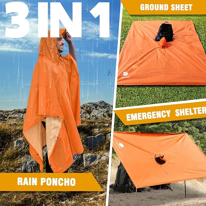 ANYOO Hooded Rain Poncho for Adults Waterproof Lightweight Rain Coat for Men Women Reusable Rain Jacket for Emergency Outdoor
