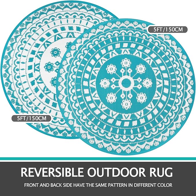 Capslpad 5Ft Round Outdoor Rug for Patio Reversible Mat Waterproof Plastic Straw Rug Boho Circle Indoor Outside Area Rug for RV Camping Picnic Pool Tent Balcony Beach Deck Doormats Decor, Teal