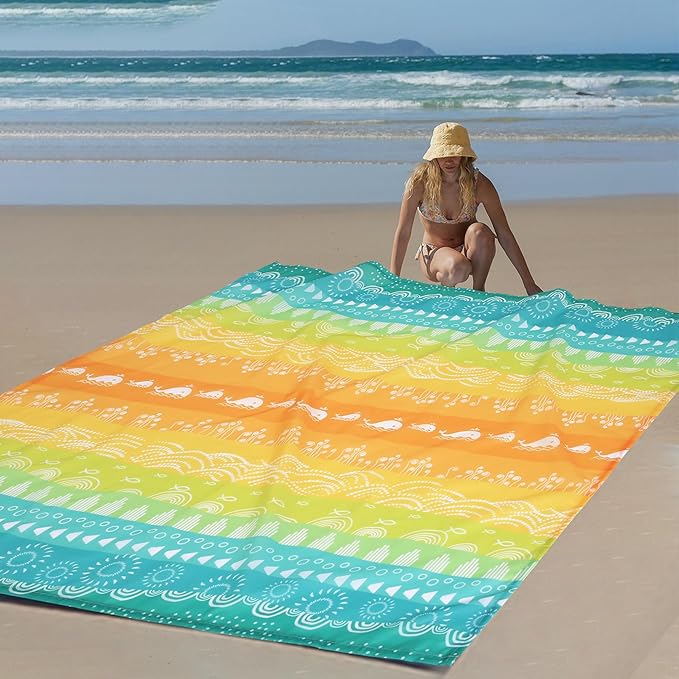 Beach Blanket Waterproof Sandproof, Picnic Blankets with Stakes and Sand Pockets, Lightweight Quick Drying, Large Portable Beach Mat Vacation Essentials for Outdoors, Camping, Trips-Green Sea Waves