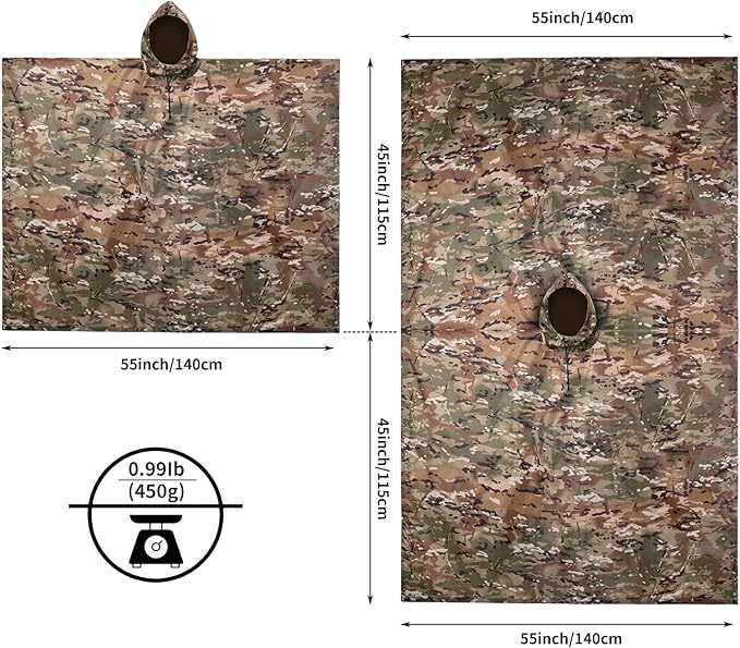 Camo Rain Poncho, Multi Use Waterproof Rain Coat
