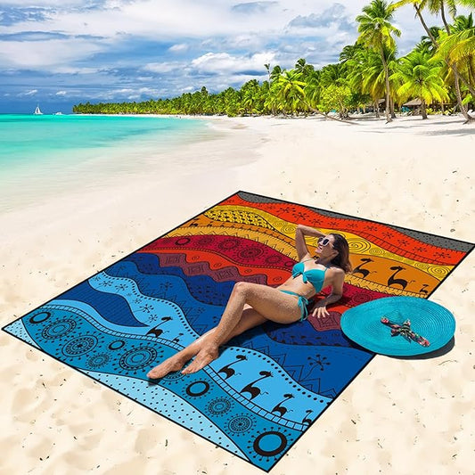 Beach Blanket Waterproof Sandproof Beach Mat 79" X 83" /10'x9'for 2-8 Adults Quick Drying Outdoor Picnic Mat Beach Accessories for Travel, Camping, Hiking