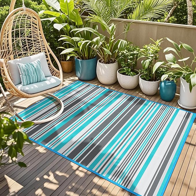 Outdoor Patio Plastic Rug Waterproof - Outdoor Rugs for Camper Outside, Rv, Porch Deck Rug Clearance, Area Carpet for Outside, Balcony, Patio Decor, Blue & Grey, 5x8 ft