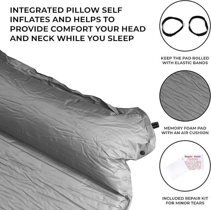 OSAGE RIVER Self Inflating Sleeping Pad with Built-in Pillow, Compact Memory Foam Sleep Mat, Camping Air Mattress for Tent, Travel, Backpacking, or Hiking