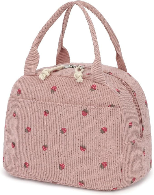 Corduroy Insulated Lunch Bag, Pink with Strawberry Pattern, Thermal Cooler Tote, Portable Large Capacity for Work or Picnic, 8.5L