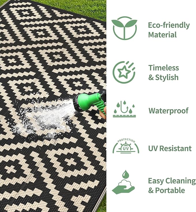 GENIMO Outdoor Rug for Patio Clearance, 10'x14' Waterproof Large Camping Mat, Reversible Plastic Straw Rugs for RV, Camper, Balcony, Backyard, Picnic, Deck (Black & Beige)